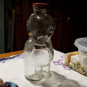 Vintage syrup jar piggy bank. Metal lid w/ slot